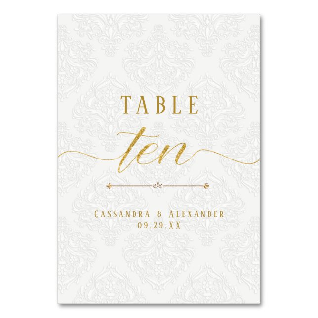 Numeração De Mesa Script Elegante Renda Branca Dourado Casamento Dez (Frente)