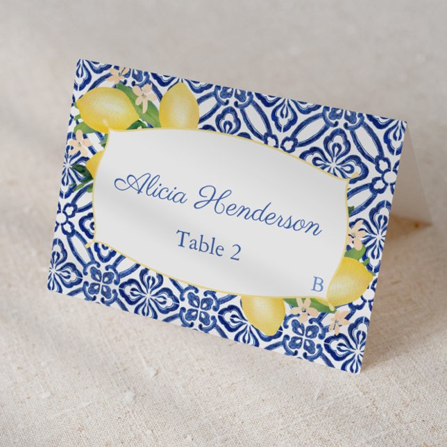 Numeração De Mesa Siciliana Lemons Blue Azulejo Place Card (Individual place card design featuring lemons with blue and white azulejo tile print)