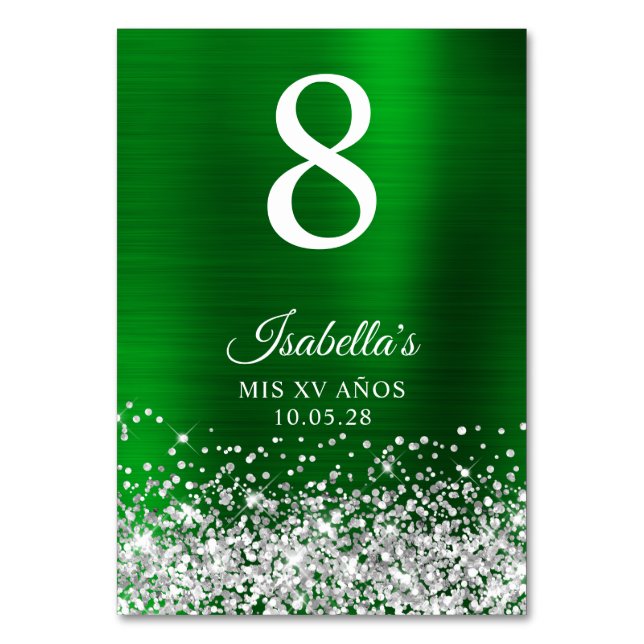 Numeração De Mesa Silver Glitter Green Foil Mis XV Anos (Frente)
