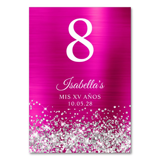 Numeração De Mesa Silver Glitter Hot Pink Foil Mis XV Anos (Frente)