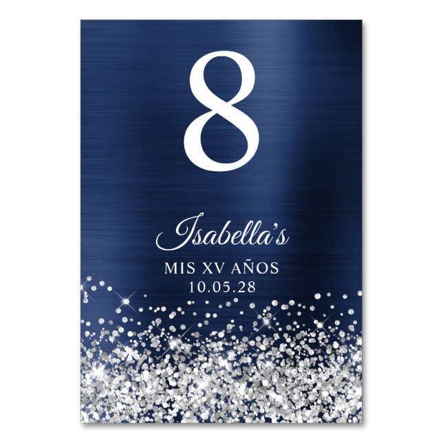 Numeração De Mesa Silver Glitter Navy Blue Foil Mis XV Anos (Frente)