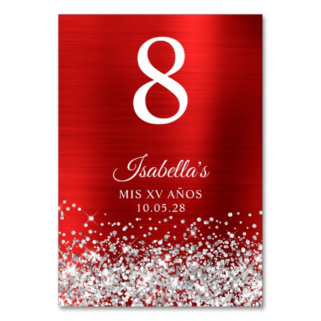 Numeração De Mesa Silver Glitter Red Foil Mis XV Anos (Frente)