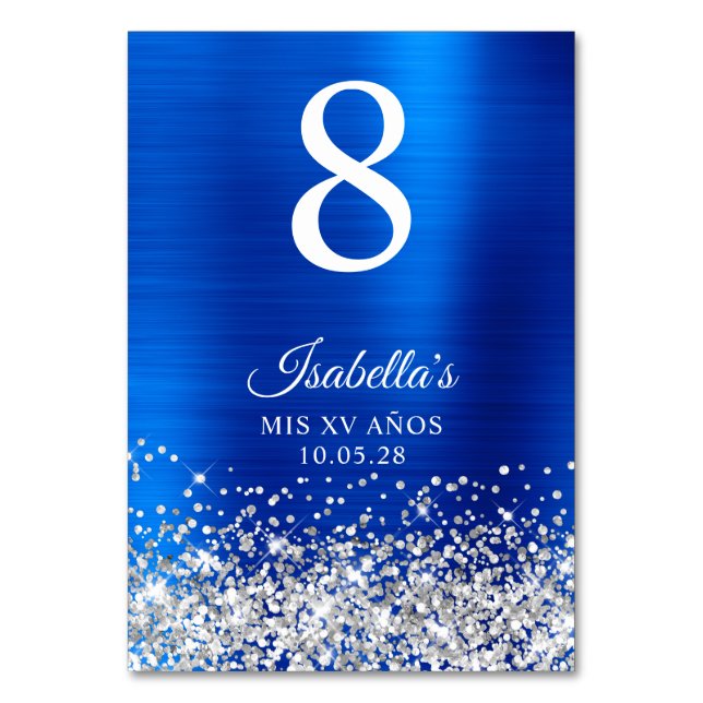 Numeração De Mesa Silver Glitter Royal Blue Foil Mis XV Anos (Frente)