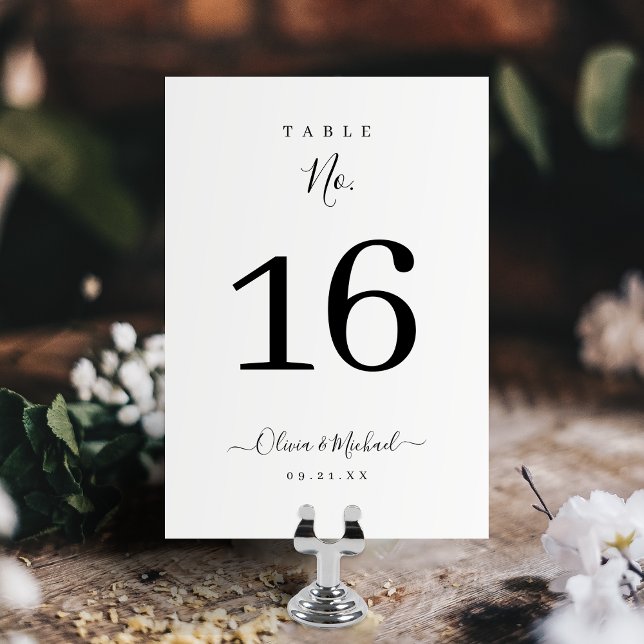 Numeração De Mesa Simples e elegante casamento (Modern simple elegant script wedding table number card)