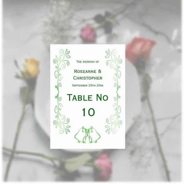 Numeração De Mesa Sinal de Mesa de Casamento Verde Esmeralda (Emerald wedding table number card bells and scrollwork design)