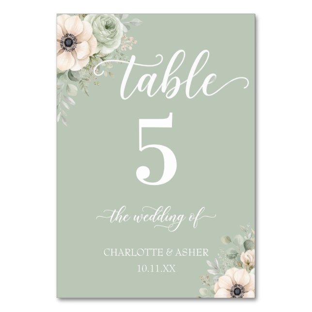 Numeração De Mesa Sinal de Número de Mesa de Casamento Floral Verde  (Frente)