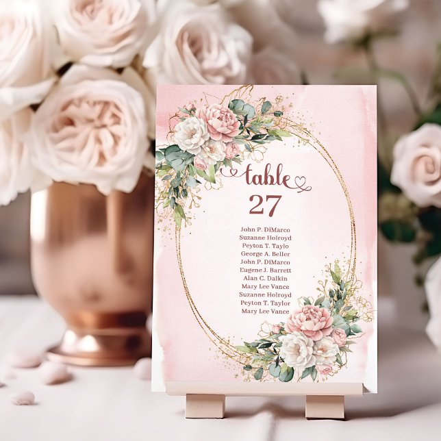 Numeração De Mesa Soft Blush Pink Flowers Gold Glitter Table Number (Soft Blush Pink Flowers Gold Glitter Table Number)