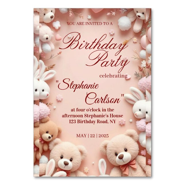 Numeração De Mesa Soft Pink Teddy Bear Birthday Invitation (Frente)