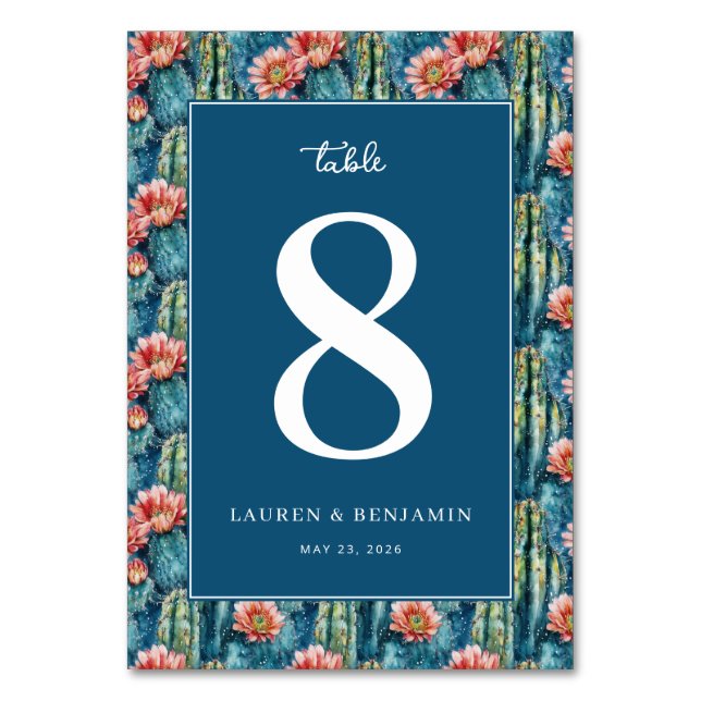 Numeração De Mesa Sophisticated Navy Cactus Floral (Frente)