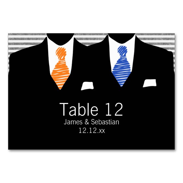 Numeração De Mesa Sr. e Sr. Suit e Tie (laranja / azul) Gay Wedding (Frente)