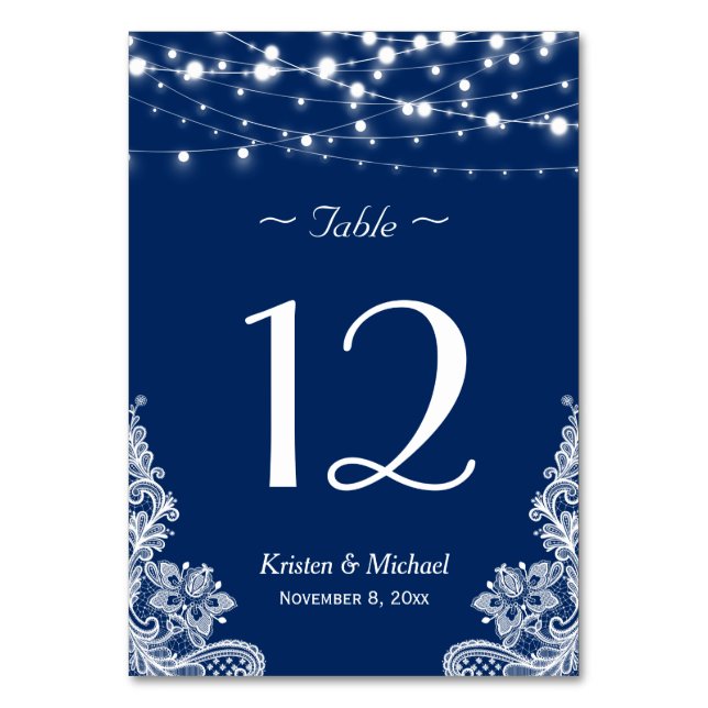 Numeração De Mesa String Lights Lace Marinho Blue WedTable Number (Frente)