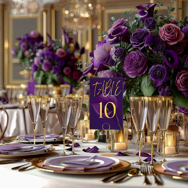 Numeração De Mesa Stylish Modern Purple Calla Lily Table Number (Striking Purple and Gold Calla Lily Table Number )