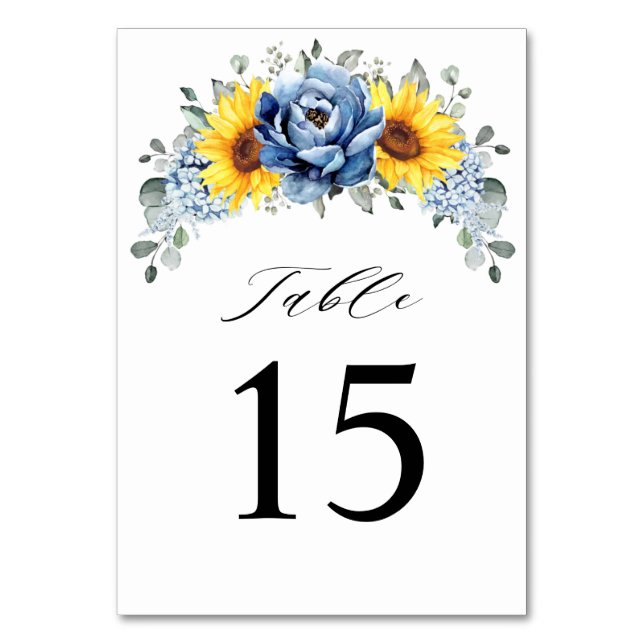 Numeração De Mesa Sunflower Dusty Blue Slate Peony Casamento Floral (Frente)