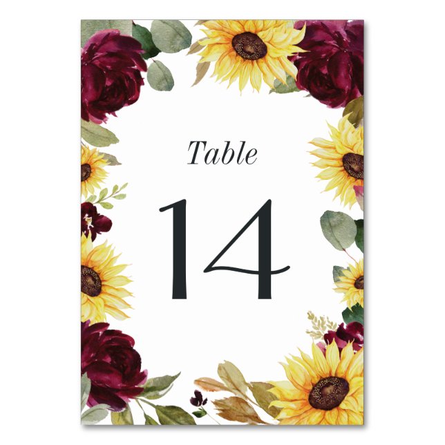 Numeração De Mesa Sunflower e Rosas Casamento Russo Vermelho Borgonh (Frente)