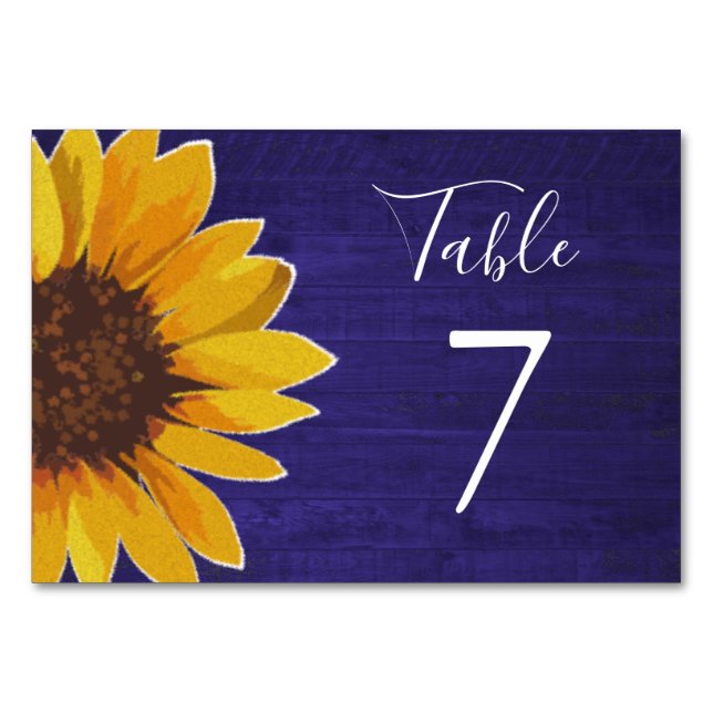 Numeração De Mesa Sunflower on Rustic Marinho Blue Wood Casamento (Frente)