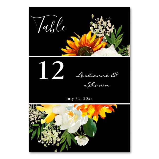 Numeração De Mesa Sunflower & White Rose Artsal - Preto (Frente)