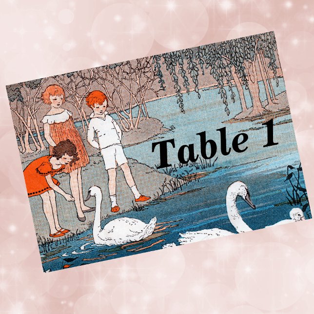 Numeração De Mesa Swans Children Vintage Lake Scense (Children feeding white swans at edge of blue lake on event table number cards.)