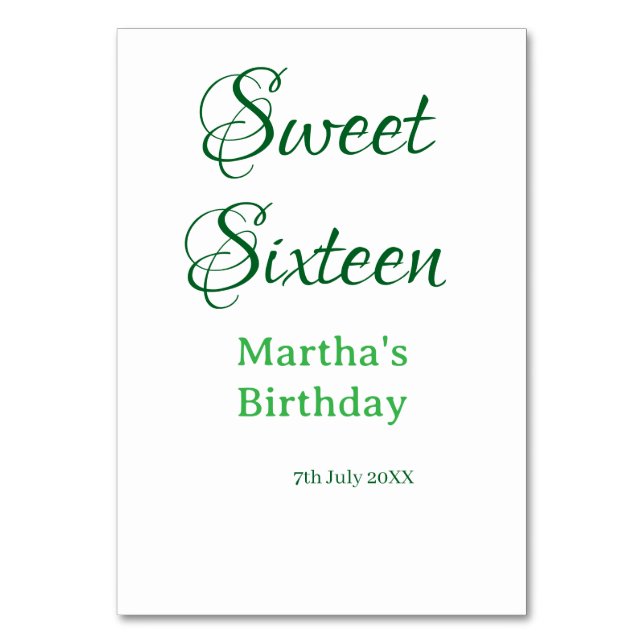 Numeração De Mesa Sweet Sixteen green name date calligraphy boho ret (Frente)