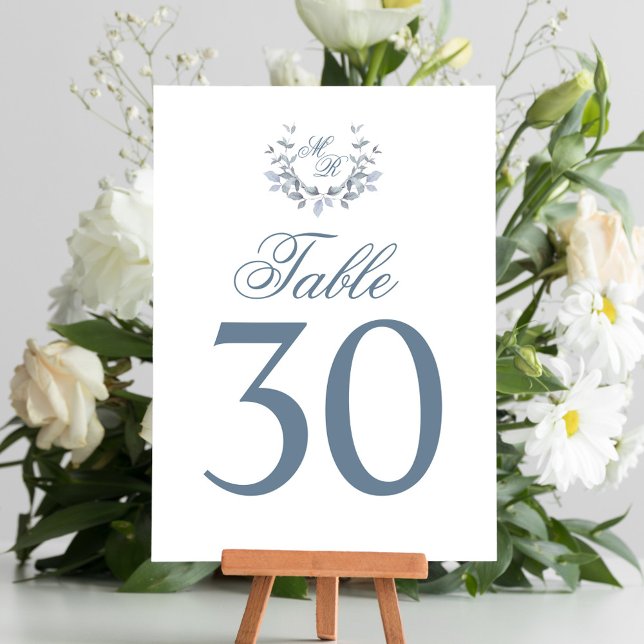 Numeração De Mesa Tabela Casada Azul Dusty Número Monograma Motif (Elegant dusty blue wedding table number card.)