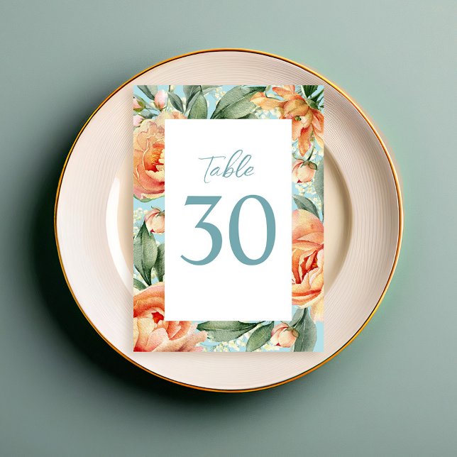 Numeração De Mesa Tabela Casada Elegante Número Azul Peach Floral (Elegant watercolor wedding table number with peach and blue floral. )