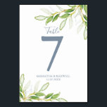 Numeração De Mesa Tabela Casada Número Verde Botânico<br><div class="desc">Este número da mesa de casamento apresenta elegantes folhas verdes de aquarela. Use os campos modelo simples para adicionar seus nomes personalizados, data de casamento e números de tabela. Para ver mais dias de papelaria e o tema completo do casamento visite www.zazzle.com/dotellabelle Arte e design de aquarela únicas de Victoria...</div>