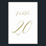 Numeração De Mesa Tabela de Casamento de Script Minimalista Dourada<br><div class="desc">Mesa 20. Números de tabela elegantes cartões com script minimalista de ouro. Esse número de tabela de ouro e branco é perfeito para casamentos,  graduação,  chás de fraldas,  chás de panela e outros eventos. Outros números e cores estão disponíveis.</div>