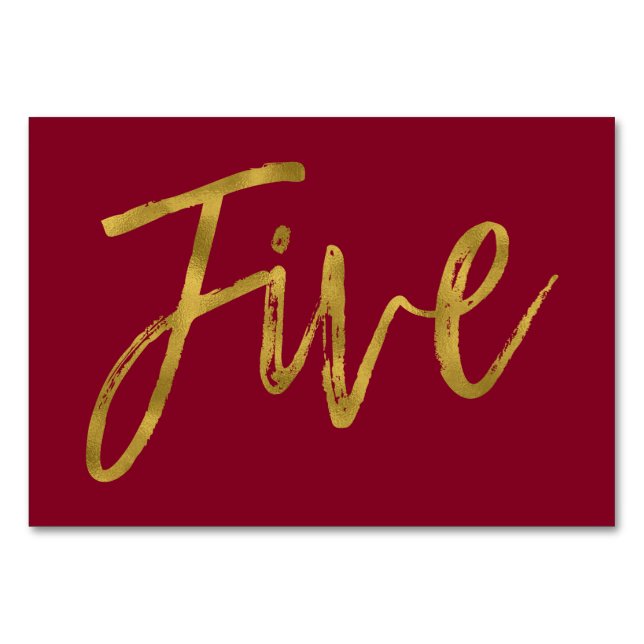 Numeração De Mesa Tabela Elegante Dourada e Borgonha Número Cinco (Frente)