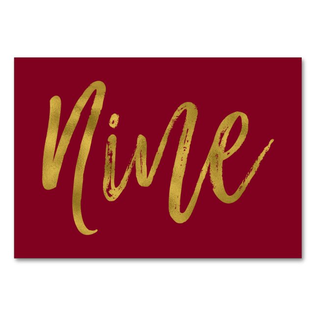 Numeração De Mesa Tabela Elegante Dourada e Borgonha Número Nove (Frente)