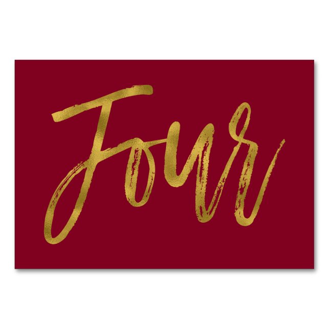 Numeração De Mesa Tabela Elegante Dourada e Borgonha Número Quatro (Frente)