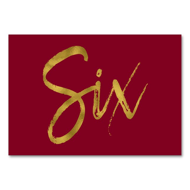 Numeração De Mesa Tabela Elegante Dourada e Borgonha Número Seis (Frente)