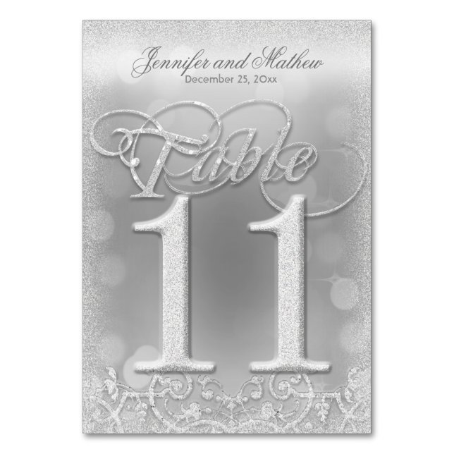 Numeração De Mesa Tabela Número 11 Glitter Faux Silver Elegante (Frente)