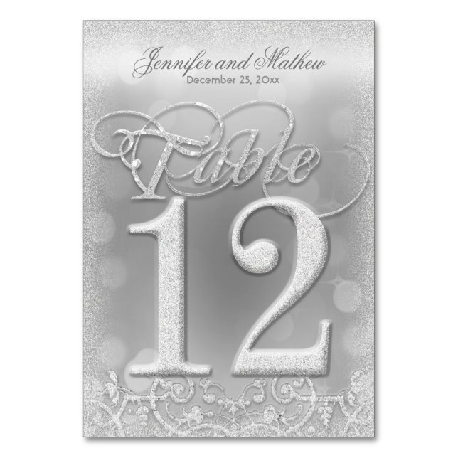 Numeração De Mesa Tabela Número 12 Glitter Faux Silver Elegante (Frente)