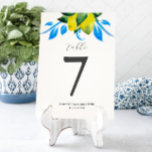 Numeração De Mesa Tabela Número Limões Casamento Italiano<br><div class="desc">Este número da mesa de casamento apresenta limões aquosos em tons de amarelo com folhas botânicas azuis e verdes. Use os campos modelo para personalizar com os números de tabela, nomes e data de casamento. Para ver a suíte de papelaria de casamento correspondente visite www.zazzle.com/dotellabelle Arte e design por Victoria...</div>