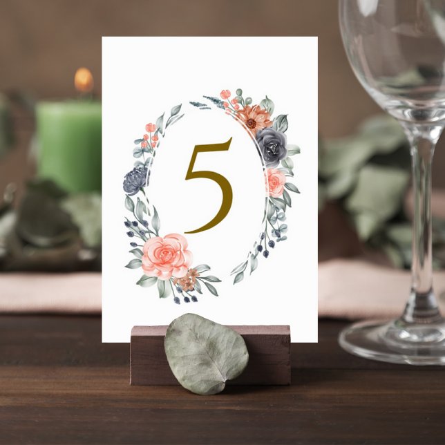 Numeração De Mesa Table Number Card with Soft Peach & Blue Flowers (Criador carregado)