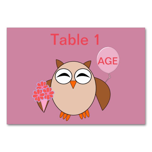 Numeração De Mesa Tablecard de Coruja de Aniversário com Idade Perso (Frente)