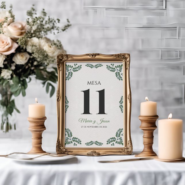 Numeração De Mesa Talavera Green Floral Minimalist Spanish Wedding (Talavera Green Floral Minimalist Spanish Wedding Table Number)