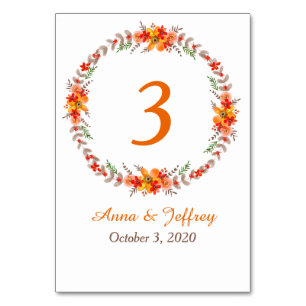 Numeração De Mesa Tangerine Autumn Floral Wreath Weds