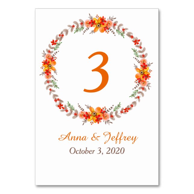 Numeração De Mesa Tangerine Autumn Floral Wreath Weds (Frente)