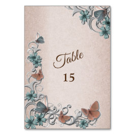 Numeração De Mesa Teal Silver Floral Copper Butterfly Tan Wedding