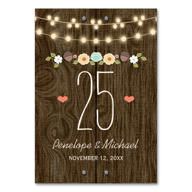 Numeração De Mesa Teal String of Lights Rustic WedTable Number (Frente)