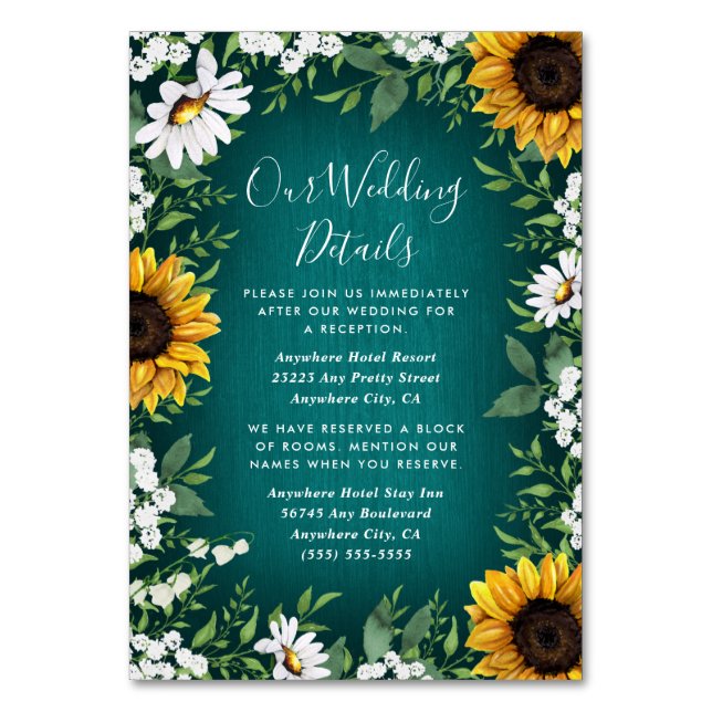 Numeração De Mesa Teal Sunflower Country Rustic Wedtic Insert Cards (Frente)