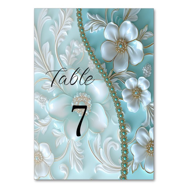 Numeração De Mesa Teal White Floral Número da Tabela (Frente)