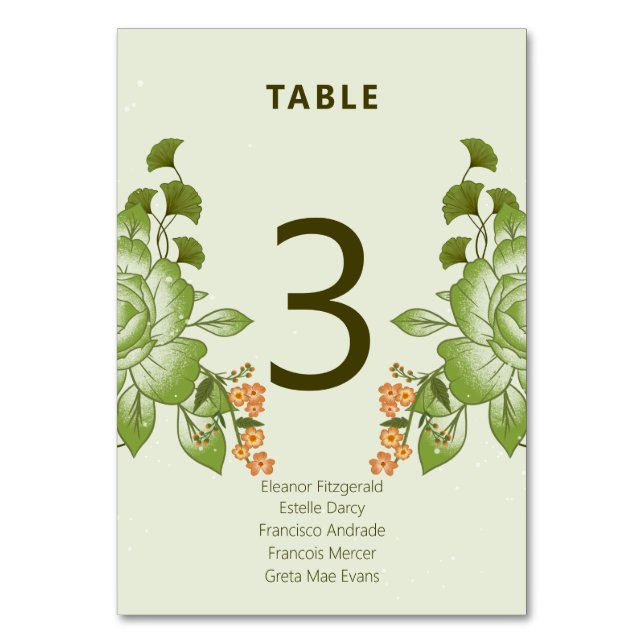 Numeração De Mesa Tema de Casamento Floral Rosa Verde (Frente)