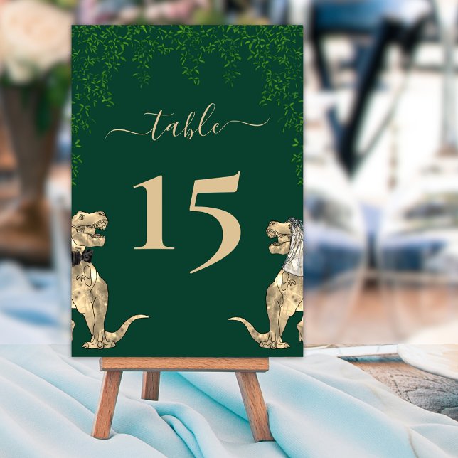 Numeração De Mesa Tema de Dinossauro Verde de Casamento (Dinosaur themed dark green wedding table number cards  Jurassic T-Rex bride and groom eucalyptus )
