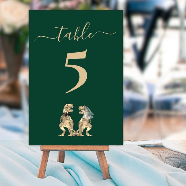 Numeração De Mesa Tema de Dinossauro Verde de Casamento (Dinosaur themed dark green wedding table number cards Fun T-Rex bride and groom dinos elegant script)