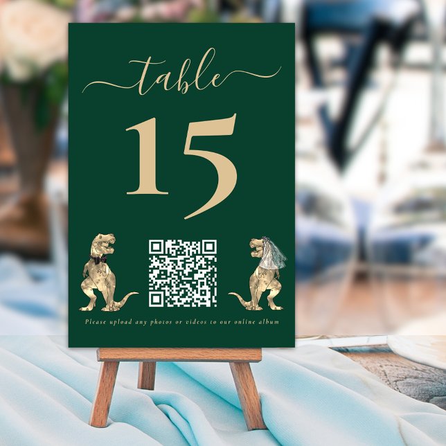 Numeração De Mesa Tema do Dinossauro Código Verde de QR de Casamento (Dinosaur theme wedding dark green table number cards with website qr code for photos and videos )