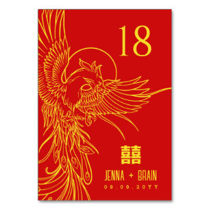 Numeração De Mesa Tema Phoenix Dupla Felicidade   Dourado em Vermelh