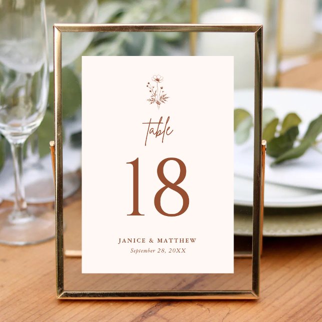 Numeração De Mesa Terracota de Flores Silvestres Rústicas Casamento  (Rustic wildflower terracotta boho wedding table number guides guests with warm personalized charm)