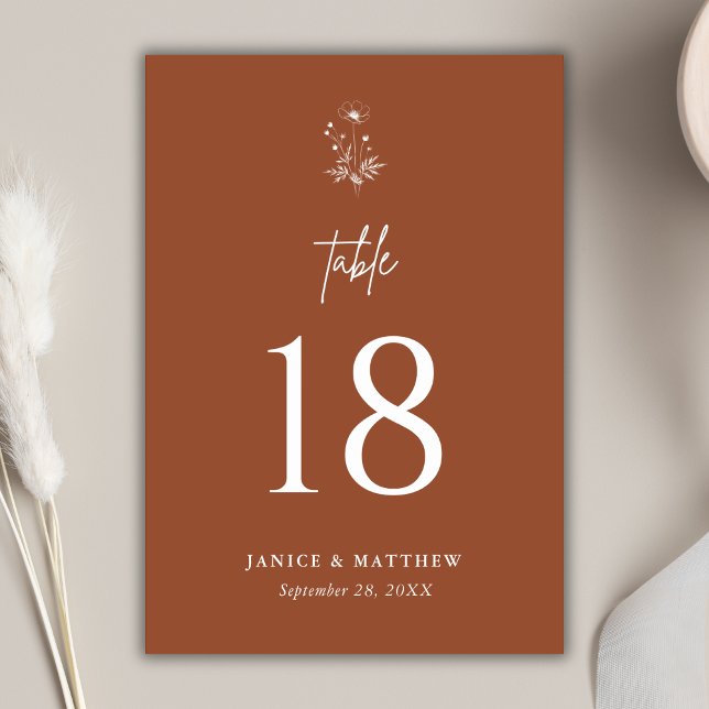 Numeração De Mesa Terracota de Flores Silvestres Rústicas Casamento  (Rustic wildflower terracotta boho wedding table number adds warm charm to your guest seating style)