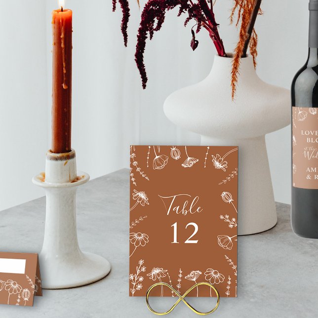 Numeração De Mesa Terracotta Wildflower Sketch Framed Editável (Wedding Table Number in Terracotta Burnt Orange, from my Wildflower Sketch collection)